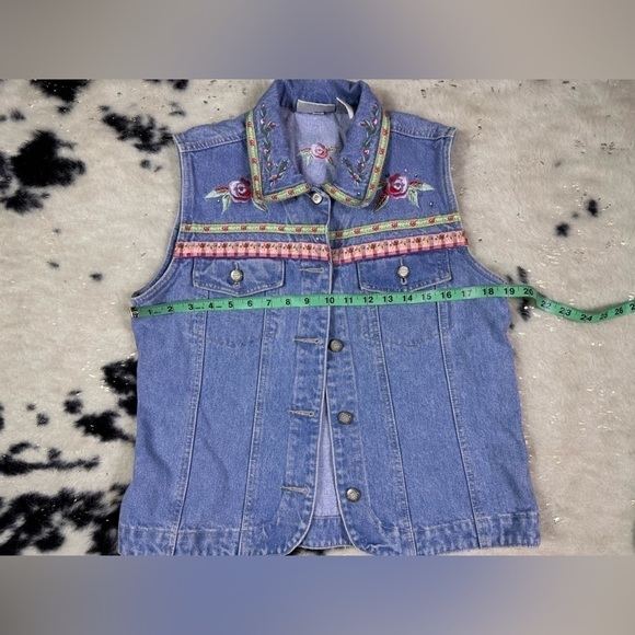 Bill Blass 90s Vintage Floral Embroidered Rhinestone Denim Jean Vest Size medium - Picture 4 of 10